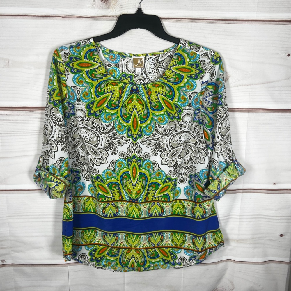JM Collection Top Womens Size 14 Multicolor Paisley Roll Tab Sleeve Blouse Woven
